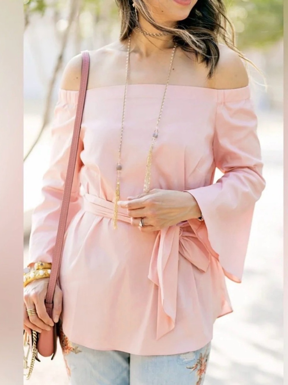 White House Black Market Off-Shoulder Tie-Waist Top - Light Pink Size M